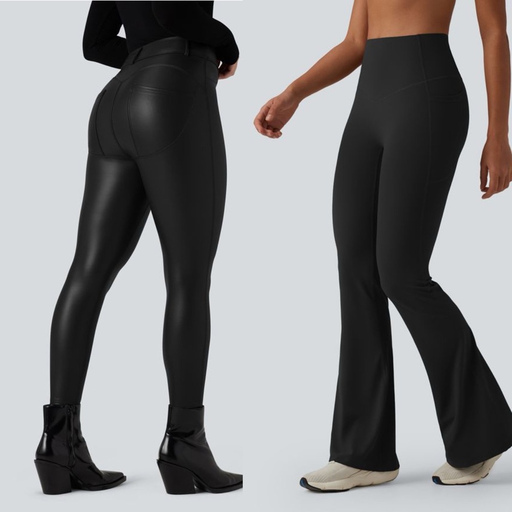 2pc Bundle Flare Yoga Pants & Leather Look High Waisted Leggings Size Medium